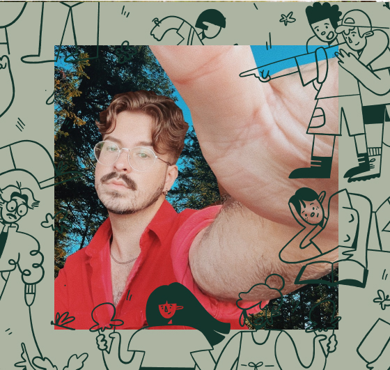 A portrait of artist Bradlee Thielen, a person with medium-length hair, facial hair and glasses, wearing a red shirt. They are surrounded by illustrated people.