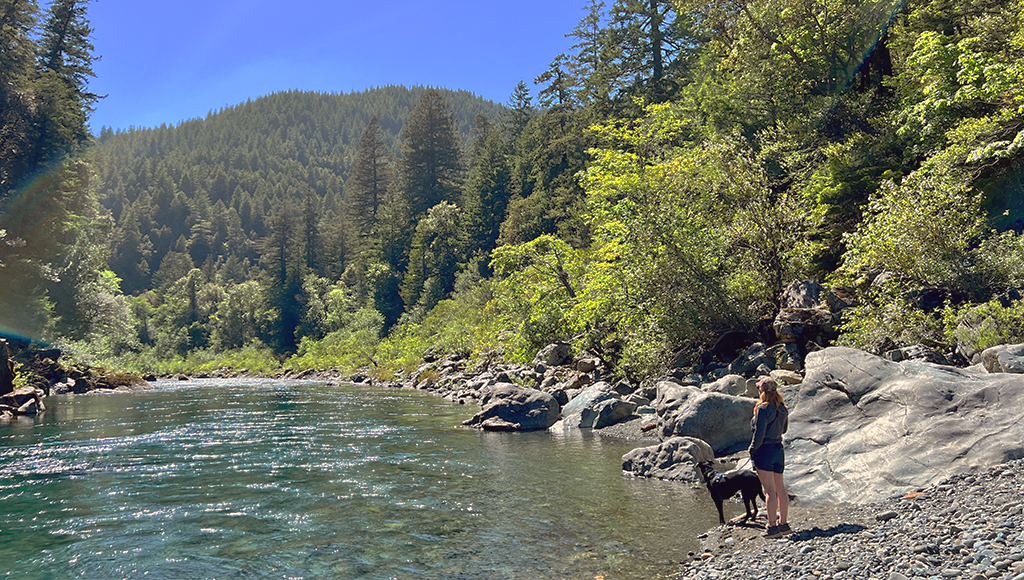 Photo of a woman standing with her dog at the edge of a sparkling lake.