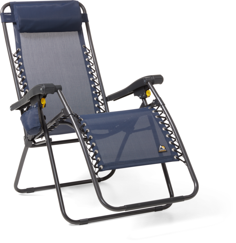 A dark blue reclining camp chair, sitting up.