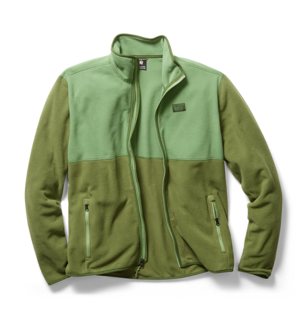 A fleece jacket that is made of two panels of different colors of green.