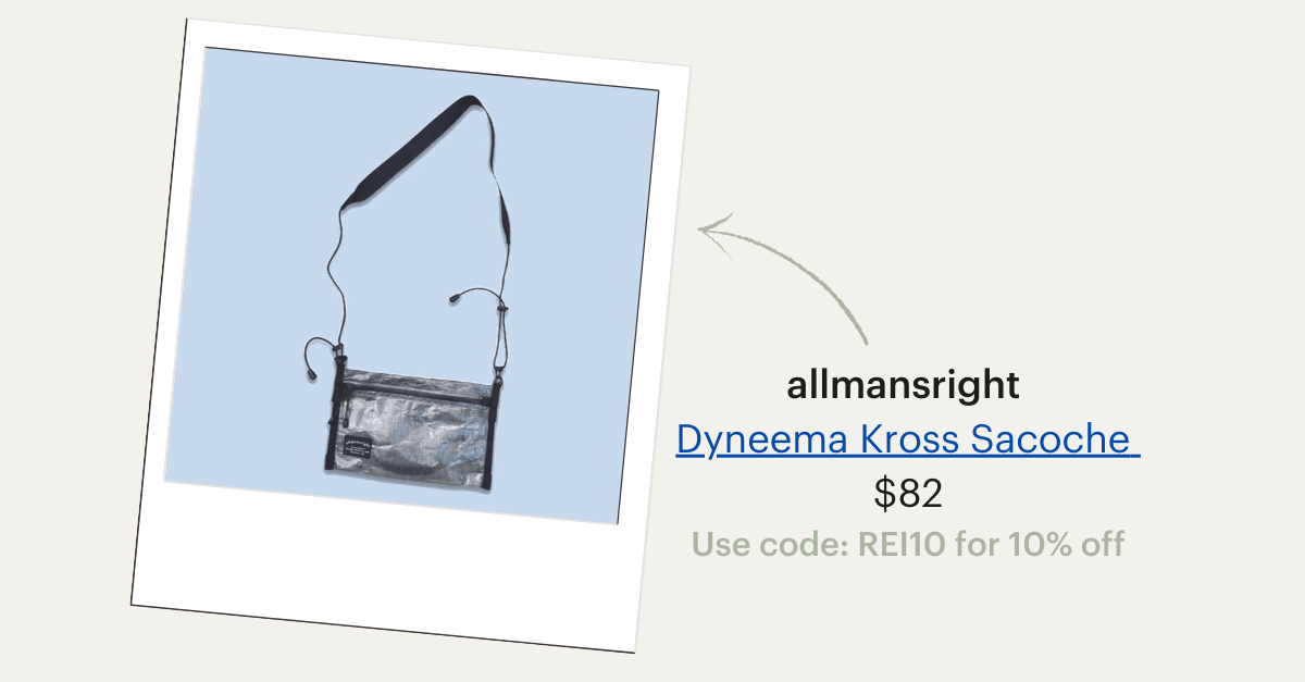 A photo of a bag with a long shoulder strap set on a blue background. allmansright Dyneema Kross Schoche, $82. Use code REI10 for 10% off.