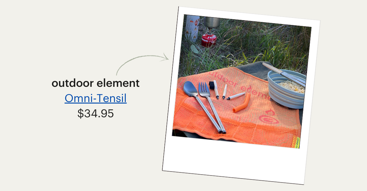 A set of outdoor eating utensils and a bowl set on an orange Outdoor Element placemat. Outdoor Element Omni-Tensil, $34.95