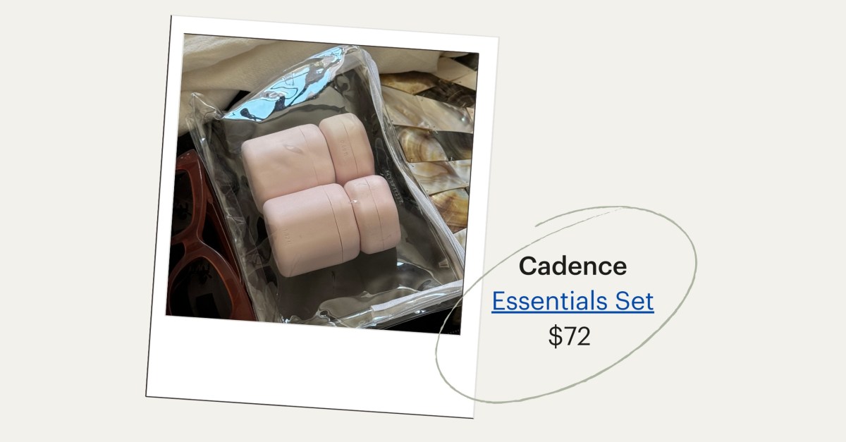 Two pink small travel containers are nested inside a clear plastic bag. Cadence Essentials Set, $72.