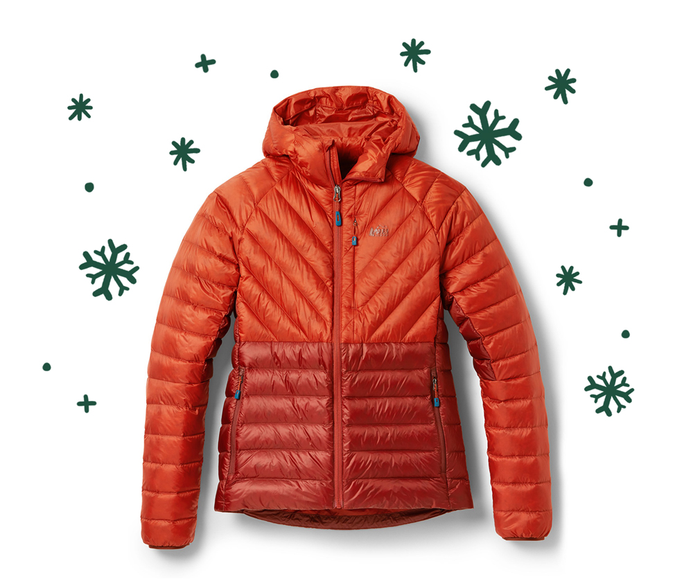 A deep red hooded down jacket surrounded by illustrated snowflakes
