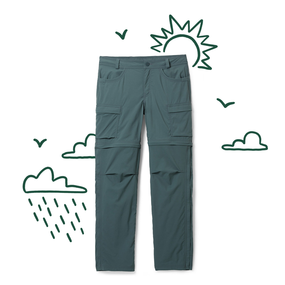 A pair of Sahara convertible pants with an illustration of the sunny and rainy conditions