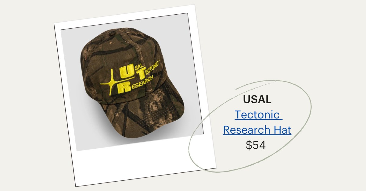 The Usal Tectonic Research Hat, $54. A five-panel cap has camoflage and bright yellow lettering.