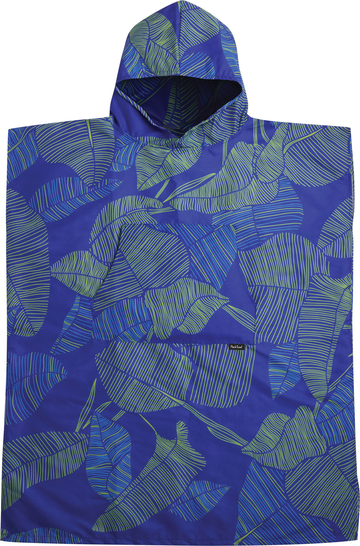 Product shot of a changing poncho. It's blue with a leaf print.