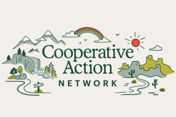 The Cooperative Action Network logo will illustrated elements around it, including a rainbow, a desert scene, and a mountain scene