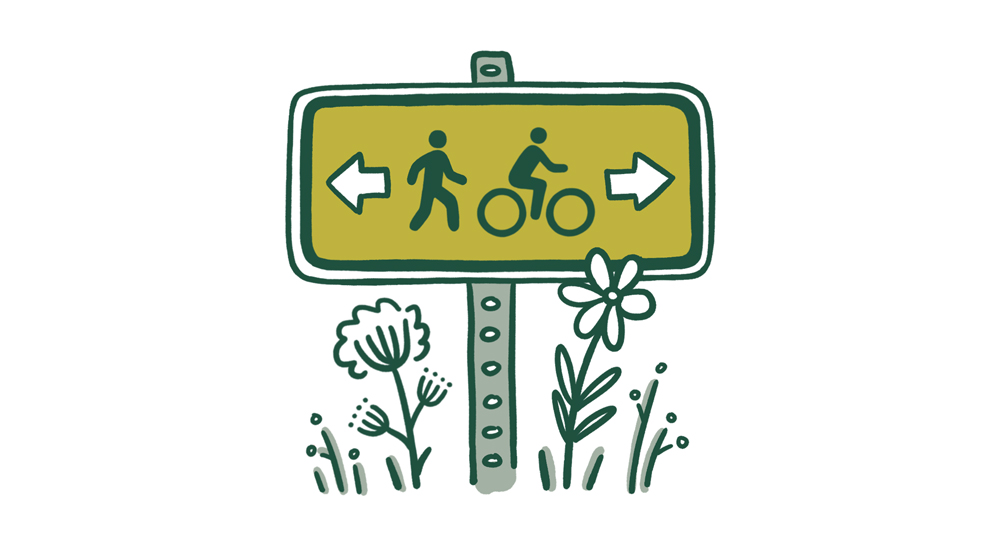 An illustration of a signpost as on a trail, indicating right of way for pedestrians and cyclists.