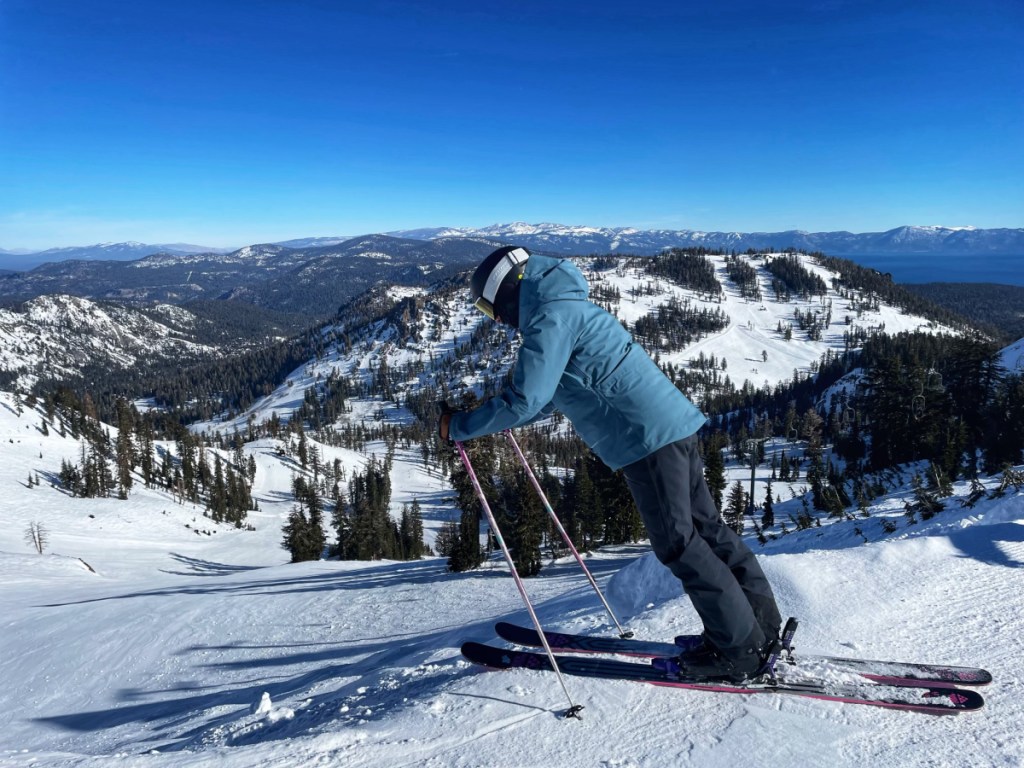 The author testing out the Phaenom downshill ski boots gets ready to descend on the slopes