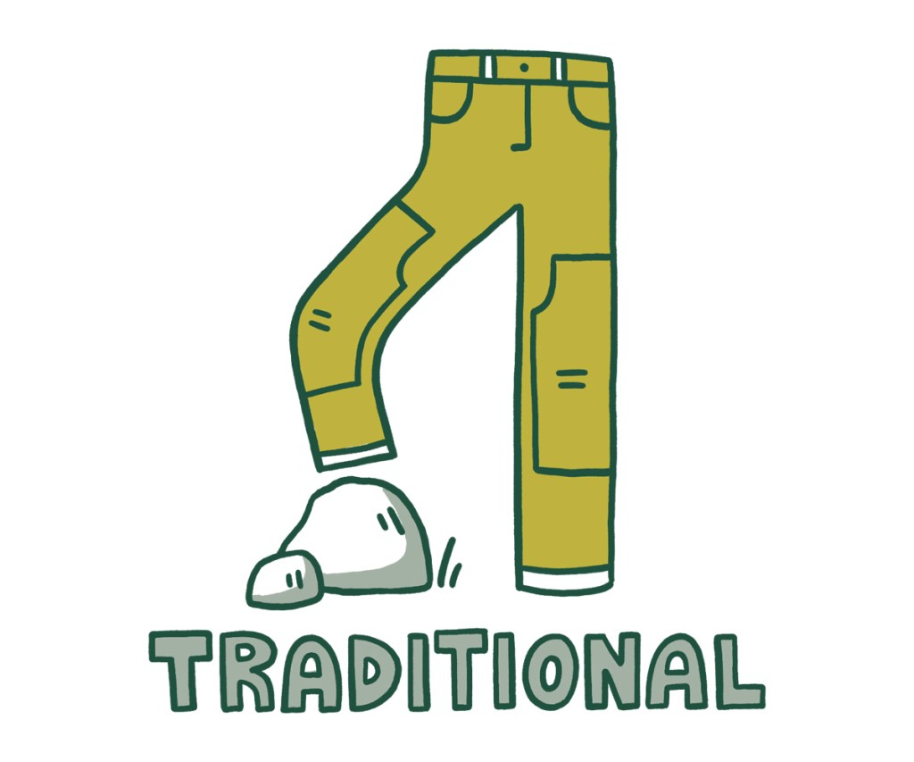 An illustration of traditional hiking pants, with their knee to allow one foot to step on some rocks. The word 'traditional' is written underneath