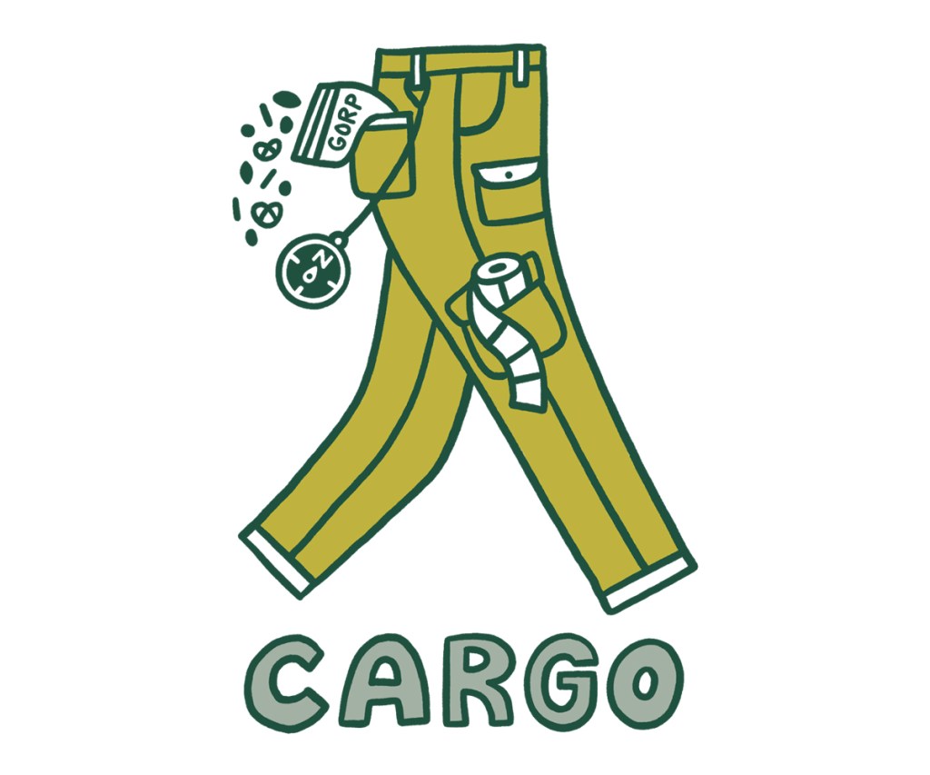An illustration of cargo pants, with multiple items coming out of several pockets The word 'cargo' is written underneath