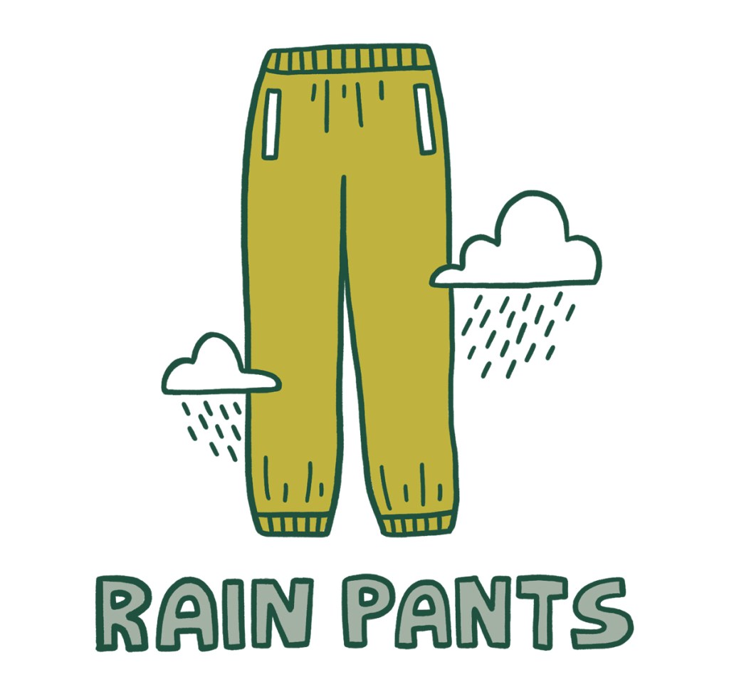 An illustration of a pair of rain pants with lines indicating rain coming from clouds. The words 'rain paints' are written underneath