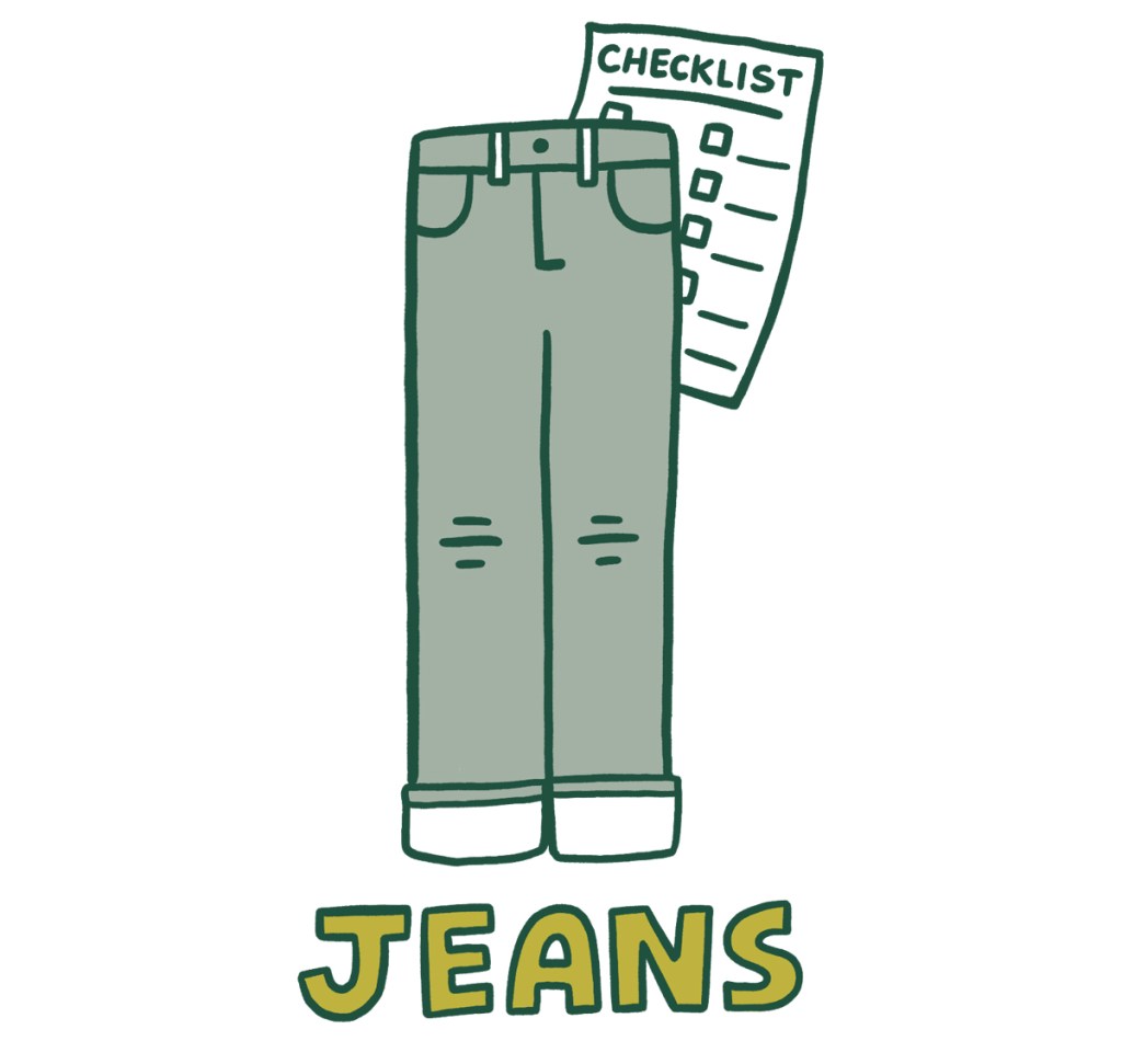 An illustration of a pair of jeans with a checklist next to them. The word 'jeans' is written underneath