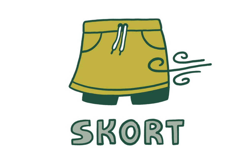 An illustration of a skort, with lines indicating gusty wind. The word 'skort' is written underneath